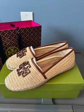 Tory Burch, Cut Out Logo Espadrilles, Crochet Raffia, Size 7.5